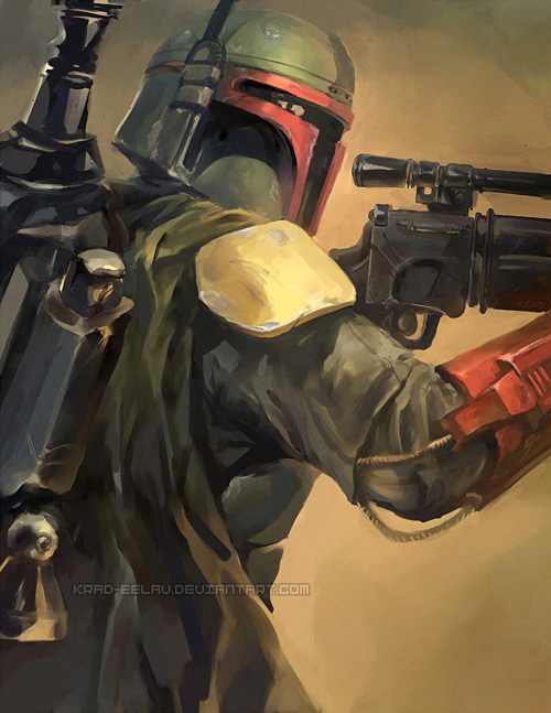 1boy, aiming, armor, beam_rifle, boba_fett, cape, energy_gun, helmet