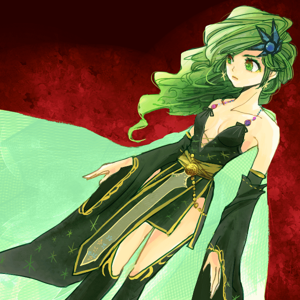 1girl, adult, detached_sleeves, dutch_angle, earrings, final_fantasy, final_fantasy_iv, green_eyes, green_hair, hair_ornament, jewelry, long_hair, long_sleeves, rydia, solo, tagme, yadoso