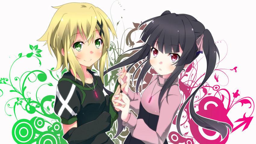 2girls, akatsuki_kirika, black_hair, blonde_hair, blush, green_eyes, hair_ornament, interlocked_fingers