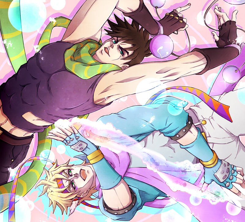 2boys, blonde_hair, blue_eyes, blue_jacket, bola_(weapon), brown_hair, caesar_anthonio_zeppeli, facial_mark