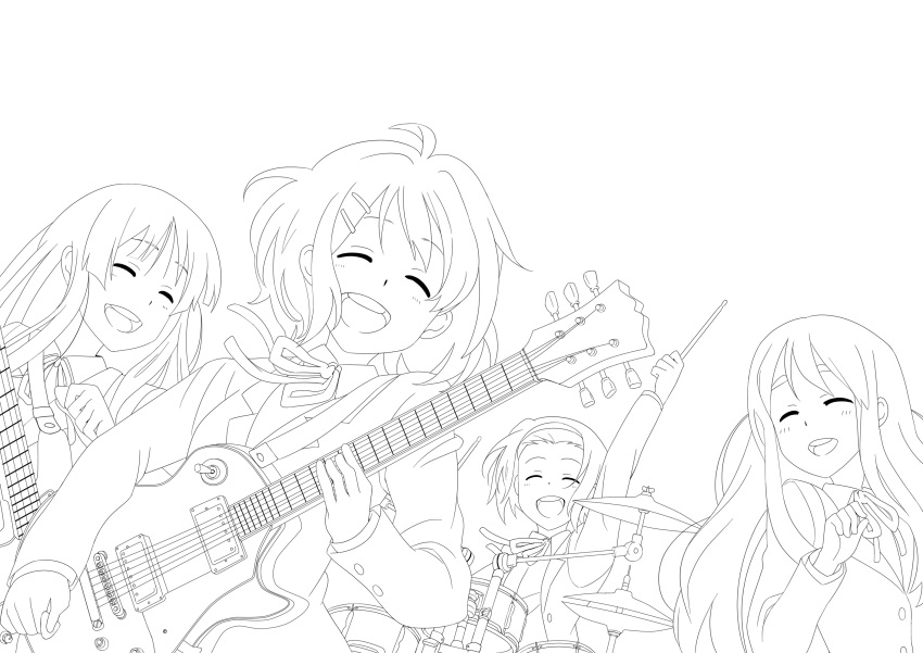 4girls, akiyama_mio, band, closed_eyes, drum, drum_set, guitar, highres