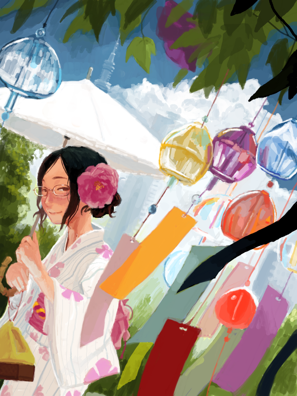 1girl, bag, blue_sky, chimes, clouds, flower, glasses, hair_bun