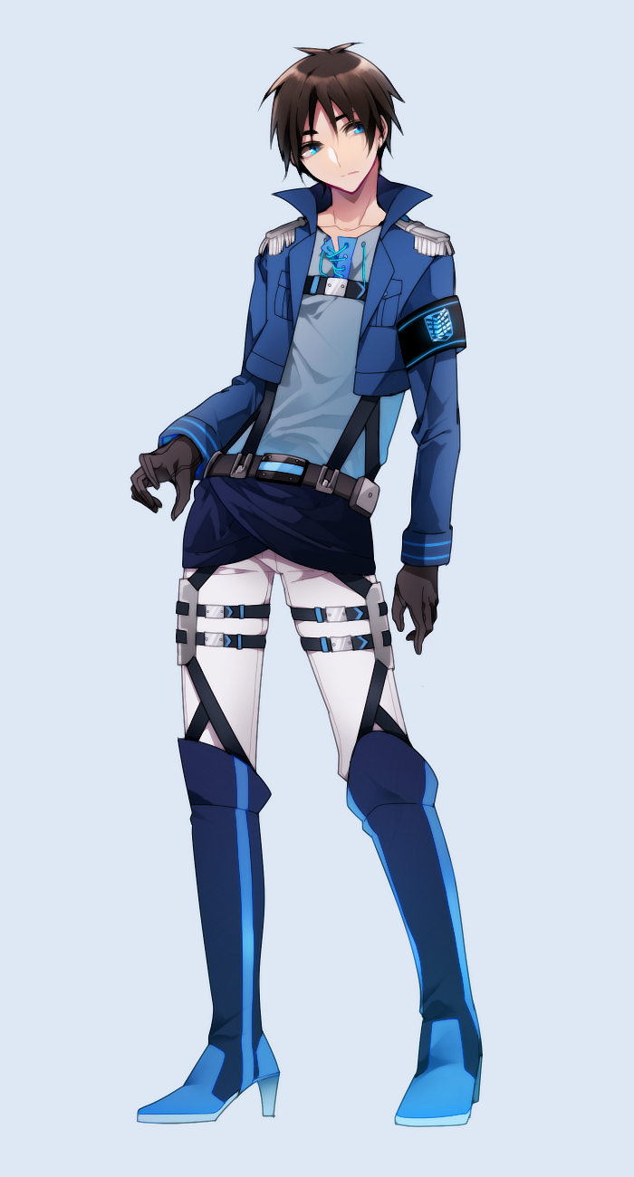 1boy, armband, blue_eyes, boots, brown_hair, eren_jaeger, gloves, highres