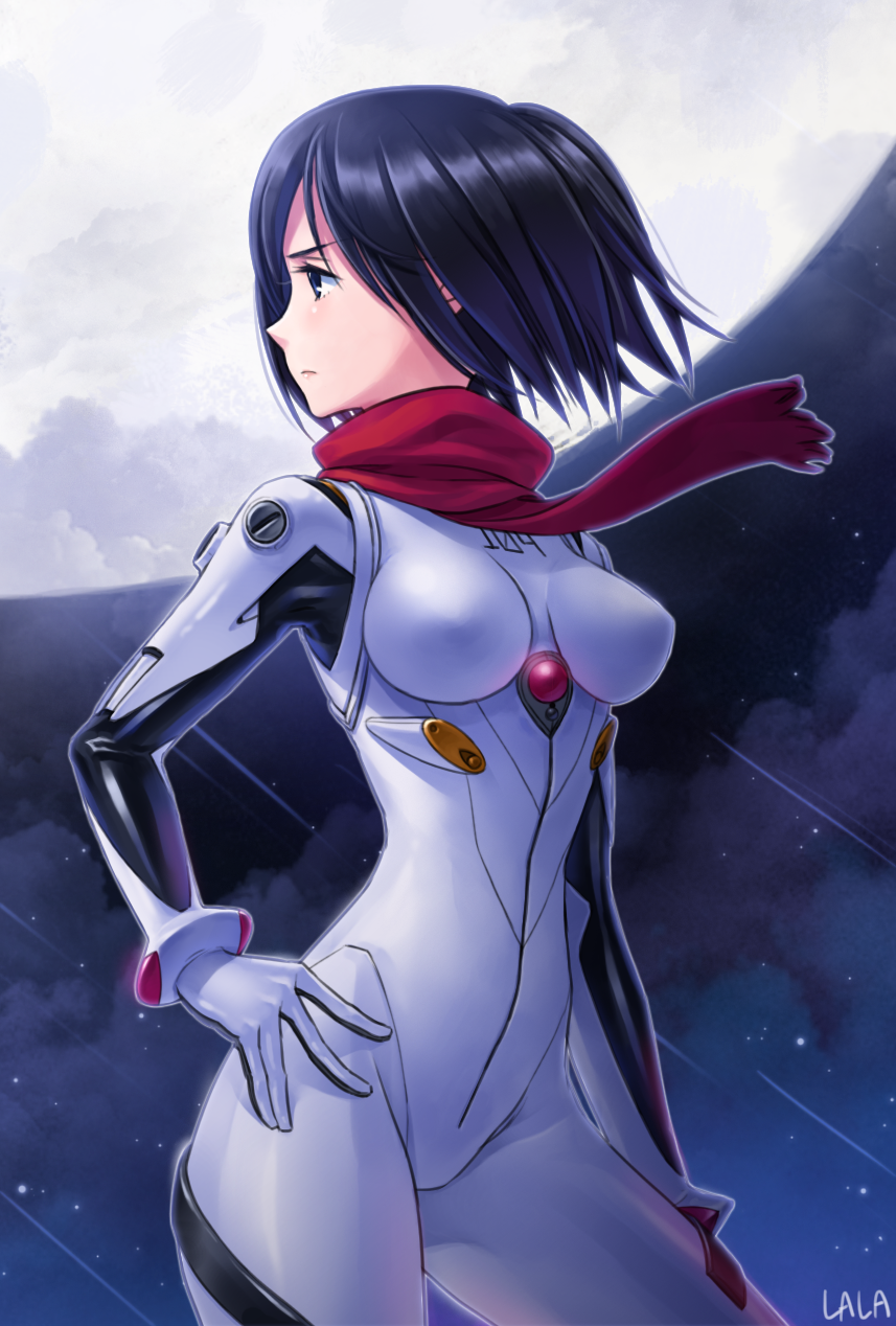 1girl, ayanami_rei, ayanami_rei_(cosplay), black_eyes, black_hair, bodysuit, breasts, clouds