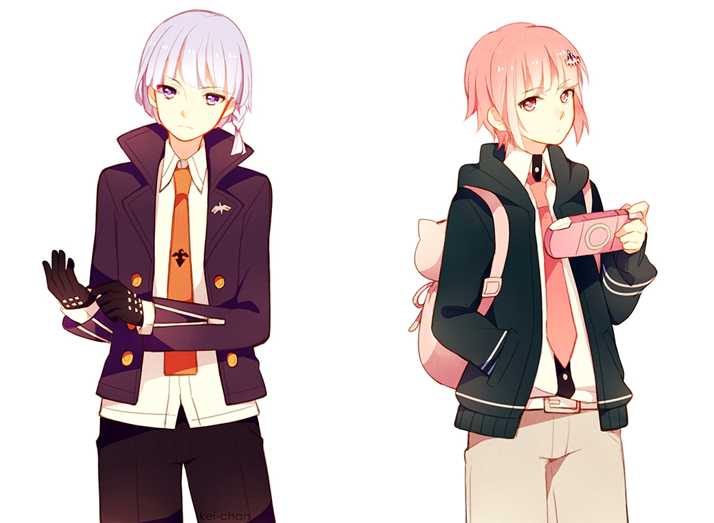 2boys, backpack, bag, belt, black_gloves, braid, dangan_ronpa, genderswap, gloves, hair_ornament, hairclip, hand_in_pocket, hoodie, jacket, kei-chan_(atlas_kei), kirigiri_kyouko, multiple_boys, nanami_chiaki, necktie, pink_eyes, pink_hair, playstation_portable, purple_hair, side_braid, super_dangan_ronpa_2, violet_eyes
