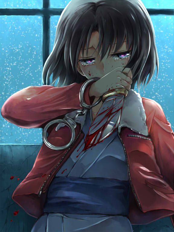 1girl, blood, bloody_knife, blue_eyes, brown_hair, cuffs, handcuffs, jacket