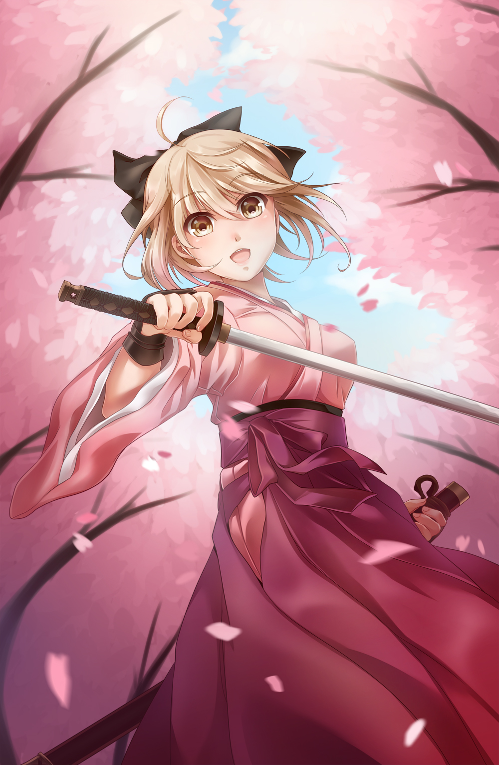 1girl, ahoge, blonde_hair, blush, bow, brown_eyes, cherry_blossoms, fate/stay_night
