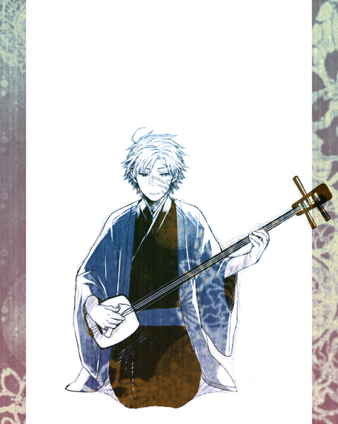 1boy, fate/zero, fate_(series), instrument, kacoike, kimon, kneeling, matou_kariya, scar, shamisen, solo
