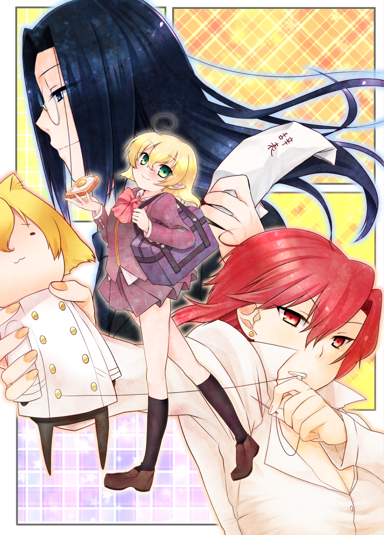 1girl, 2boys, aozaki_touko, black_hair, blonde_hair, character_doll, fumizuka_eiri, glasses
