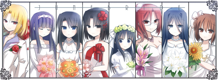 1boy, 6+girls, aozaki_touko, asagami_fujino, bouquet, brown_hair, donabe0w0, dress