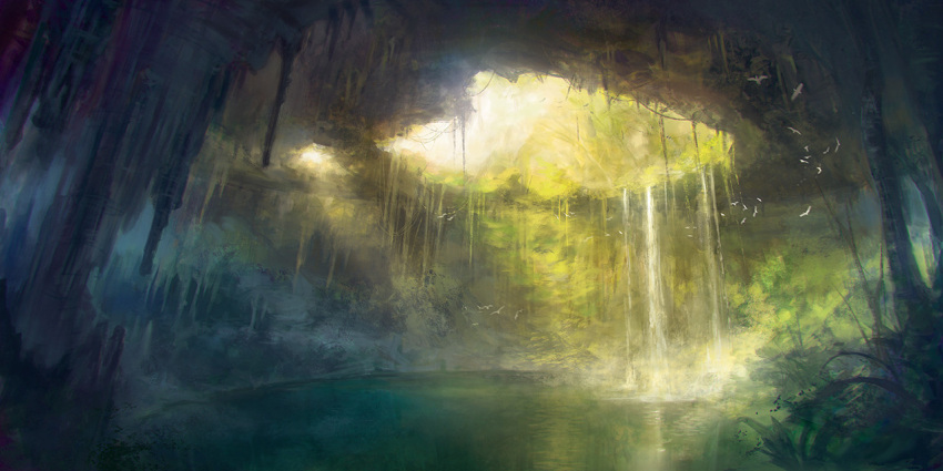 bird, cave, no_humans, original, park_jae-cheol, scenery, water, waterfall