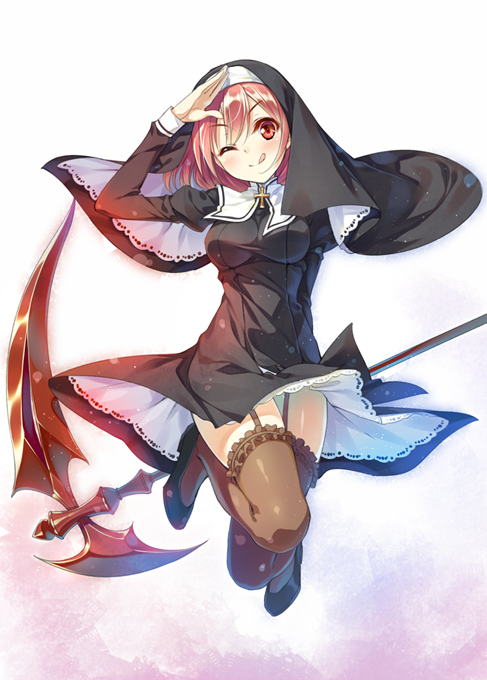 1girl, :p, hood, huyukaaki, lingerie, long_hair, nun, original, pink_eyes, pink_hair, scythe, solo, thighhighs, tongue, underwear, wink