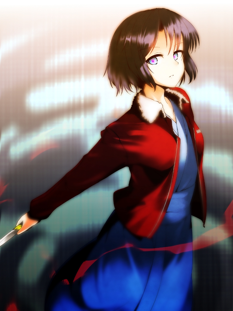 1girl, blue_eyes, brown_hair, jacket, japanese_clothes, kara_no_kyoukai, kimono, knife