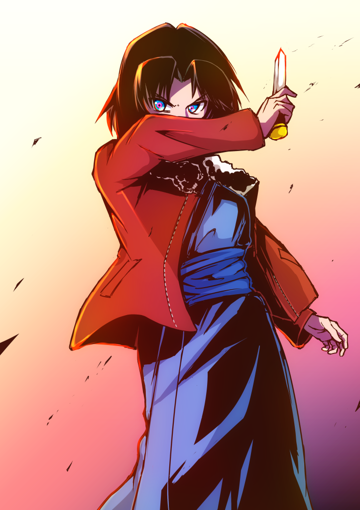 1girl, blue_eyes, brown_hair, jacket, japanese_clothes, kara_no_kyoukai, kimono, knife