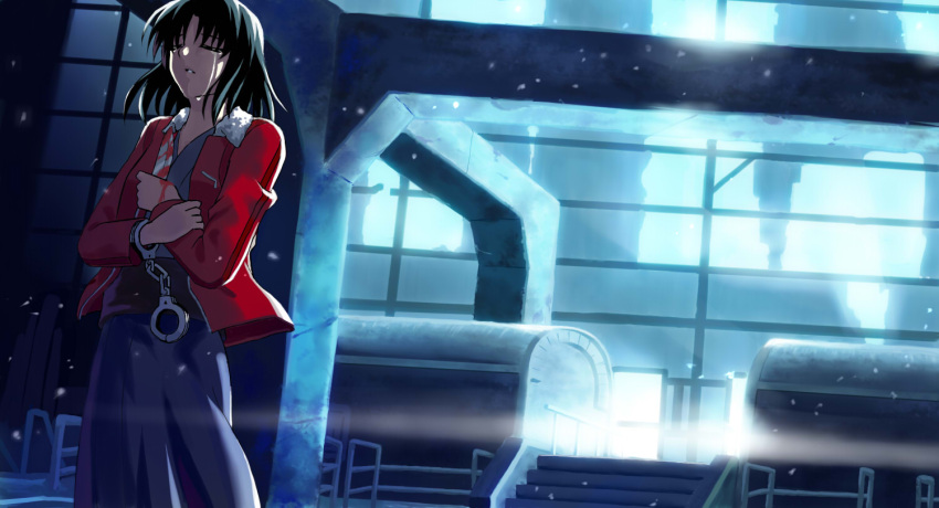 1girl, black_hair, blood, cuffs, egnis, handcuffs, jacket, japanese_clothes, kara_no_kyoukai, kimono, knife, red_jacket, ryougi_shiki, short_hair, snow, solo, tears