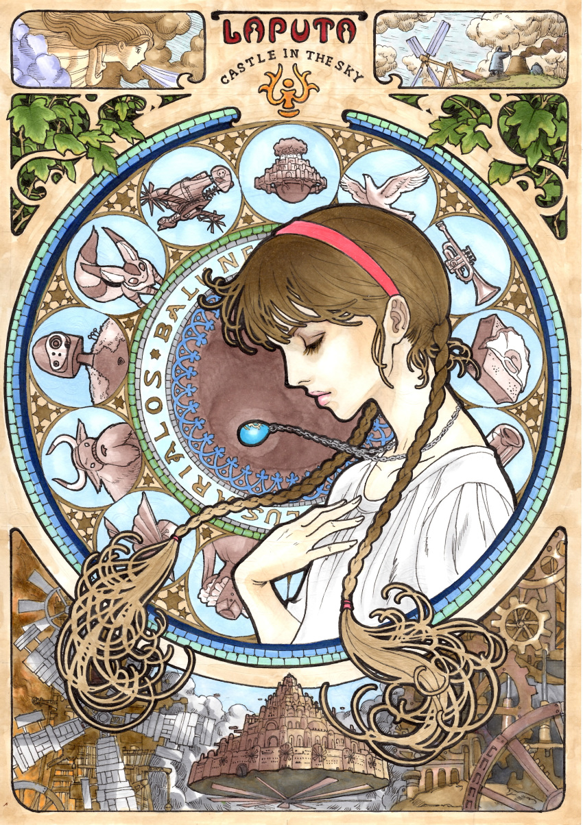 1girl, absurdres, art_nouveau, braid, brown_hair, closed_eyes, copyright_name, hairband, hand_on_own_chest, highres, jewelry, leaf, long_hair, marker_(medium), marlboro_(artist), necklace, sheeta, side, studio_ghibli, tenkuu_no_shiro_laputa, traditional_media, twin_braids