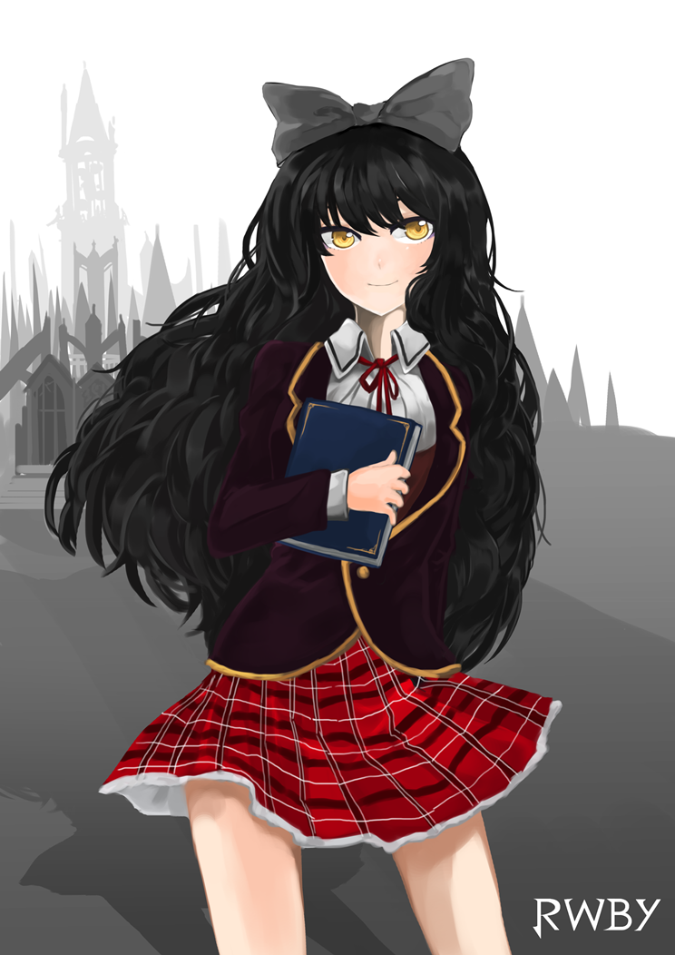 1girl, 71pen, black_hair, blake_belladonna, book, bow, copyright_name, hair_bow, long_hair, plaid, plaid_skirt, rwby, school, school_uniform, skirt, smile, solo, yellow_eyes