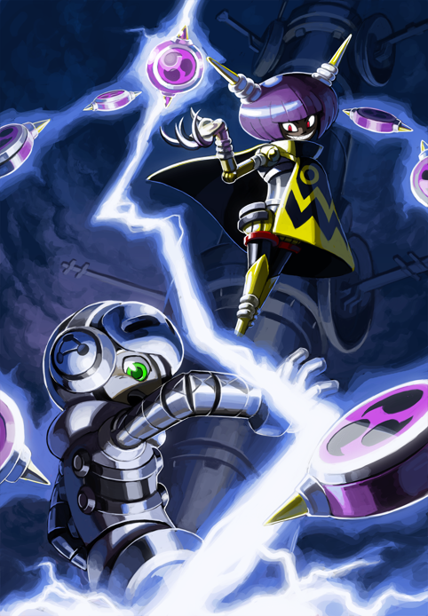 1boy, 1girl, antennae, battle, beck_(mighty_no._9), bob_cut, dark_skin, electricity, floating, green_eyes, grin, helmet, magatama, mighty_no._3, mighty_no._9, purple_hair, red_eyes, robot, sharp_teeth, short_hair, smile, snake_(artist)