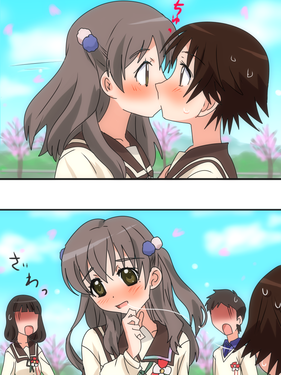 2girls, black_hair, blush, brown_eyes, brown_hair, embarrassed, hair_ornament, highres