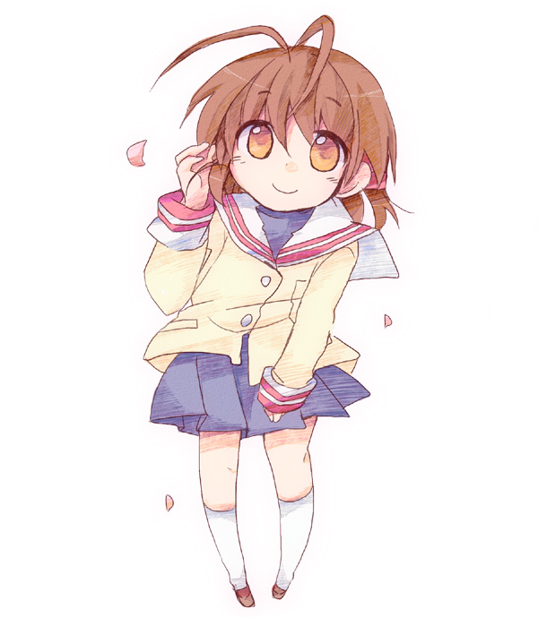 1girl, antenna_hair, brown_eyes, brown_hair, clannad, furui_suguri, furukawa_nagisa, school_uniform