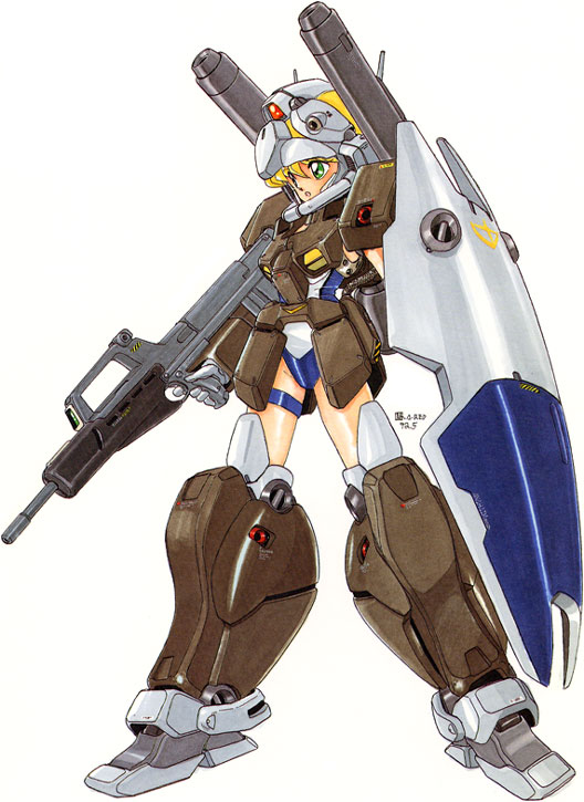 blonde_hair, gm_cannon_ii, green_eyes, gundam, gundam_0083, machine_gun, mecha_musume, mobile_suit, mobile_suit_gundam, shield
