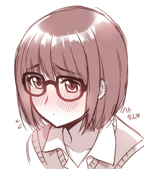1boy, androgynous, blush, brown_hair, genshiken, glasses, hato_kenjirou, monochrome