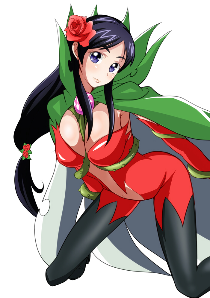 1girl, alternate_hairstyle, arm_warmers, black_legwear, blue_eyes, boots, breasts, cape, cleavage, cosplay, crossover, detached_sleeves, digimon, flower, futari_wa_precure, hair_flower, hair_ornament, jabara921, long_hair, looking_at_viewer, navel, precure, purple_hair, simple_background, smile, solo, thigh_boots, thighhighs, white_background, yukishiro_honoka