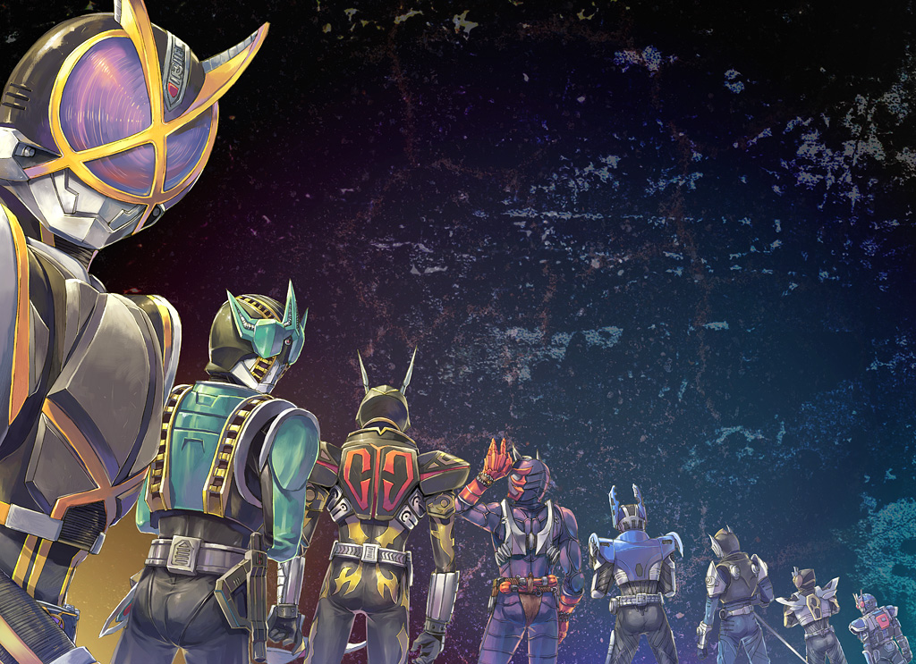 6+boys, belt, from_behind, kamen_rider, kamen_rider_555, kamen_rider_agito_(series), kamen_rider_blade_(series), kamen_rider_chalice