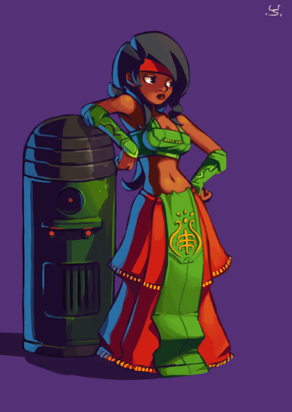 1girl, bare_shoulders, black_hair, bracer, breasts, contrapposto, dark_skin, hand_on_hip, headband, joakim_sandberg, lips, lipstick, loincloth, long_hair, long_skirt, machine, makeup, navel, purple_background, samba_de_julho, skirt, slender_waist, solo, the_iconoclasts, tubetop