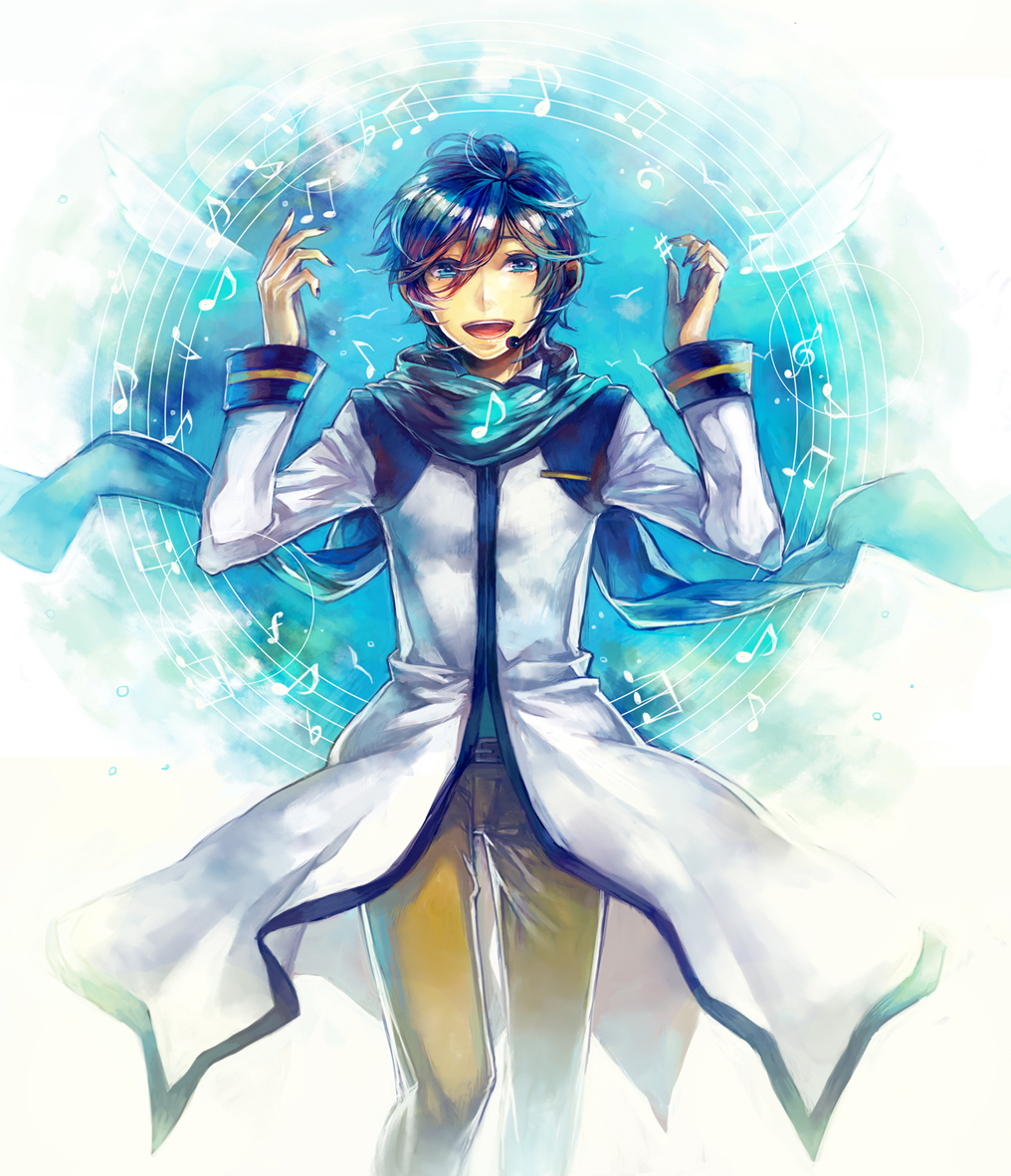 1boy, arms_up, blue_eyes, blue_hair, kaito, matcha_(higashiya0401), musical_note, short_hair, smile, solo, vocaloid