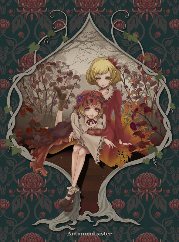 2girls, aki_minoriko, aki_shizuha, blonde_hair, boots, crossed_arms, dress, elaborate_frame, food, frame, fruit, grapes, hair_ornament, hat, hoshi_nawoki, leaf, lying_on_person, multiple_girls, open_mouth, red_eyes, short_hair, siblings, sisters, sitting, smile, touhou, yellow_eyes