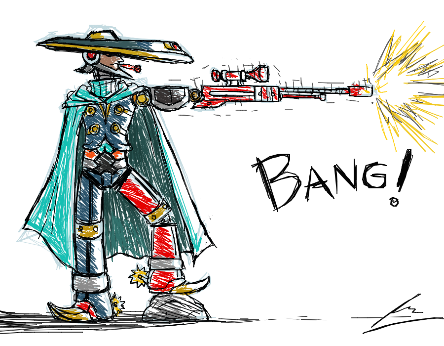 1boy, amputee, borockman, cape, firing, gun, hat_over_eyes, mighty_no._8