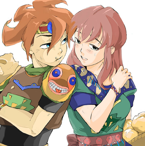 blue_eyes, blush, eating, elle, food, long_hair, orange_hair, pink_hair, tensyouryu, terranigma
