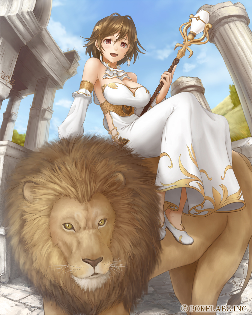 1girl, :d, blush, breasts, brown_hair, choker, cleavage, column, cybele, detached_sleeves, dress, earrings, hair_ornament, jewelry, large_breasts, lion, open_mouth, original, pillar, red_eyes, riding, short_hair, smile, solo, ss39, staff, temple