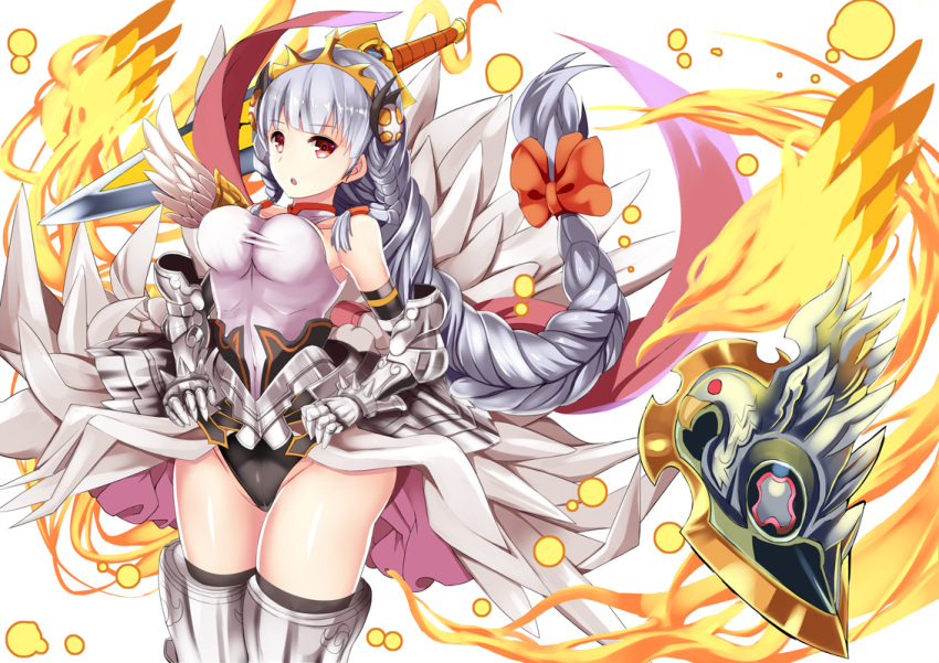 1girl, armor, braid, breasts, gauntlets, long_hair, puzzle_&amp;_dragons, red_eyes