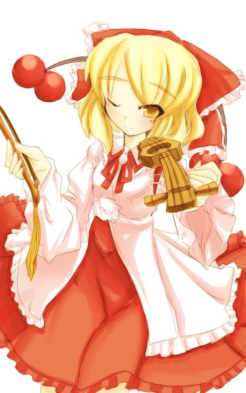 1girl, blonde_hair, cherry, dress, food, fruit, hair_ornament, hair_ribbon, musical_instrument, ribbon, satsuki_rin, short_hair, smile, touhou, yellow_eyes