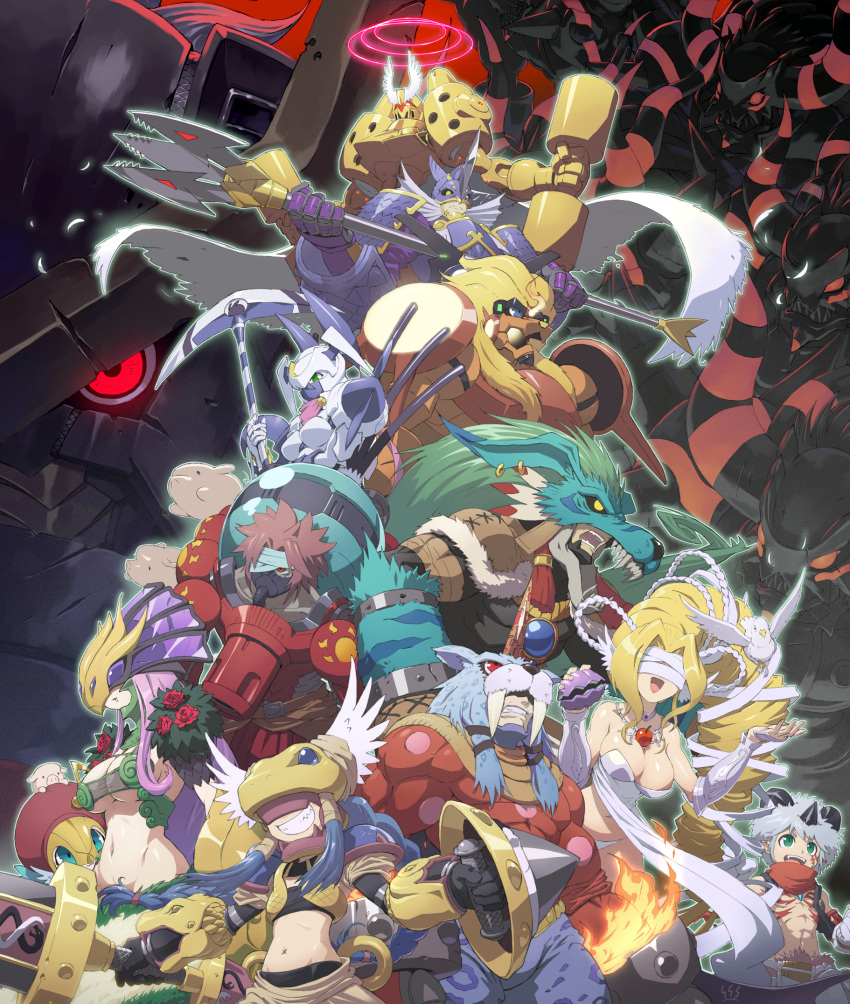 aegiomon, animal_ears, apollomon, apple, armor, bandage_over_one_eye, bird, blindfold, blonde_hair, blue_hair, breasts, cannon, cape, ceresmon_medium, cleavage, dianamon, digimon, dove, earrings, fins, fire, flame, flower, food, fruit, fur, glowing, glowing_eyes, green_eyes, grin, halo, head_wings, helmet, highres, horn, horns, jewelry, jupitermon, kazkazkaz, large_breasts, long_hair, marsmon, mask, mercurimon, minervamon, monster, multiple_boys, multiple_girls, navel, neptunemon, no_humans, pink_hair, plutomon, polearm, projected_inset, red_eyes, scallop, scarf, scythe, sharp_teeth, shield, short_hair, sirenmon, smile, spikes, sword, titamon, trident, tusks, under_boob, venusmon, very_long_hair, vulcanusmon, weapon, yellow_eyes
