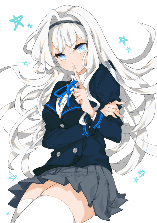1girl, blue_eyes, finger_to_mouth, gj, hairband, long_hair, original, pleated_skirt