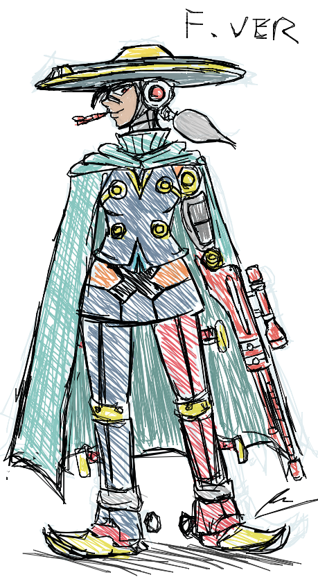 1girl, borockman, cape, dart, genderswap, gun, mighty_no._8, mighty_no._9, rifle, sniper_rifle, sombrero, weapon