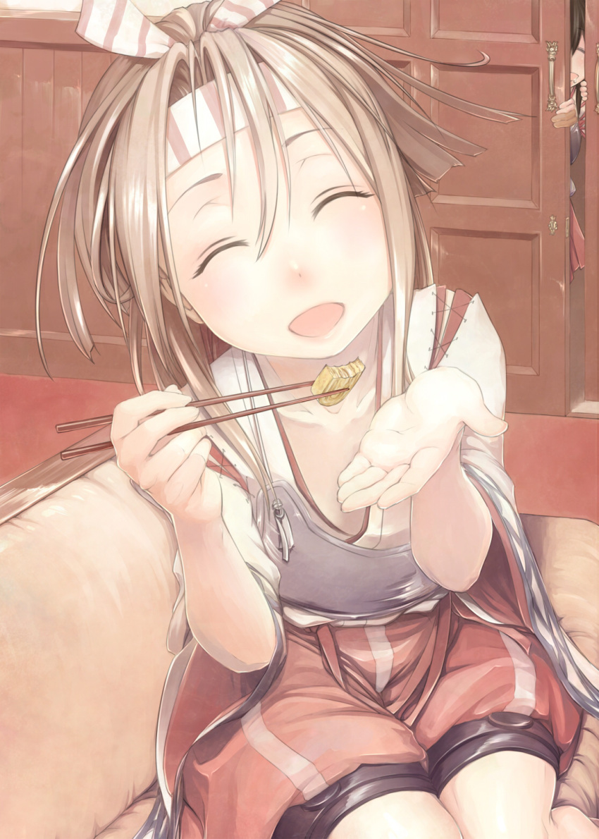 2girls, akagi_(kantai_collection), brown_hair, chopsticks, drooling, feeding, food, hachimaki