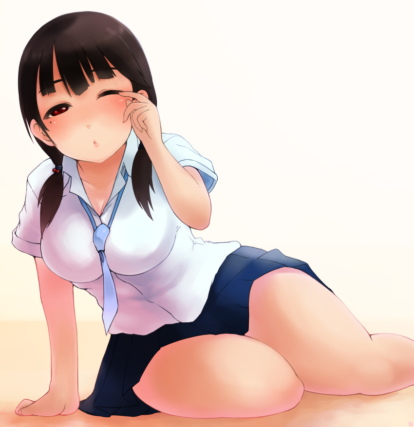 1girl, breasts, brown_eyes, brown_hair, highres, long_hair, mole, sakushin