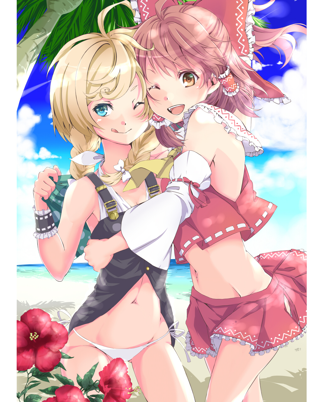 2girls, ;d, ahoge, alternate_hairstyle, bikini, blonde_hair, blue_eyes, bow
