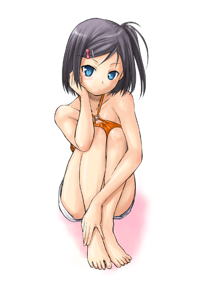 1girl, barefoot, black_hair, blue_eyes, bow, criss-cross_halter, hair_bow, hair_ornament