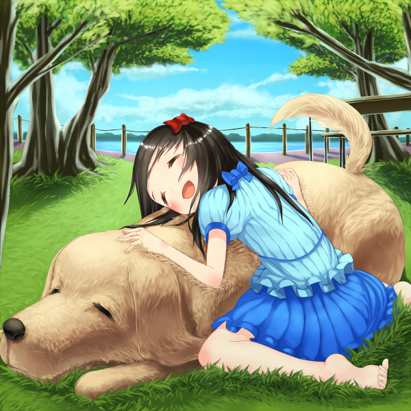 1girl, ^_^, arumi_m, barefoot, black_hair, blush, child, closed_eyes