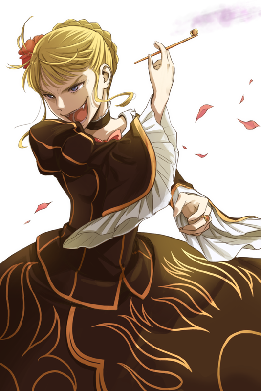1girl, beatrice, blonde_hair, blue_eyes, choker, dress, fangs, flower