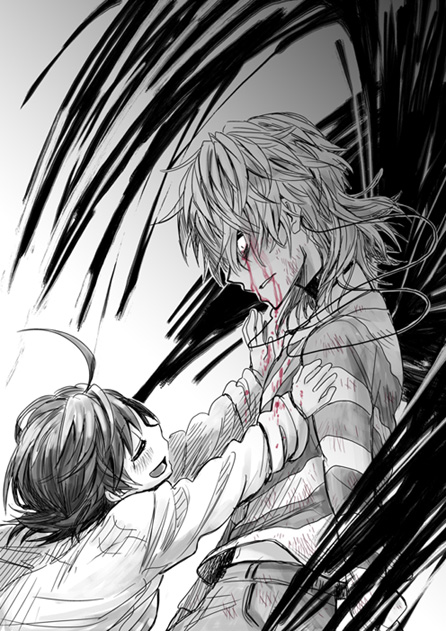 1boy, 1girl, accelerator, ahoge, albino, black_wings, blood, choker, incipient_hug, last_order, monochrome, nico_(hero300), reaching, smile, spoilers, to_aru_majutsu_no_index, wings