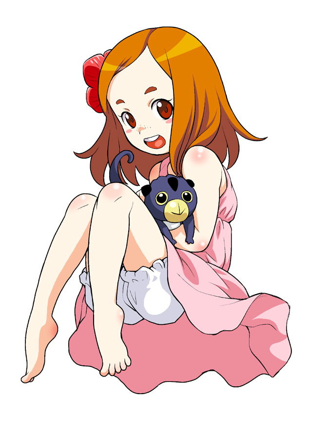 1girl, :d, barefoot, bloomers, brown_hair, dress, eyebrows, flone_robinson