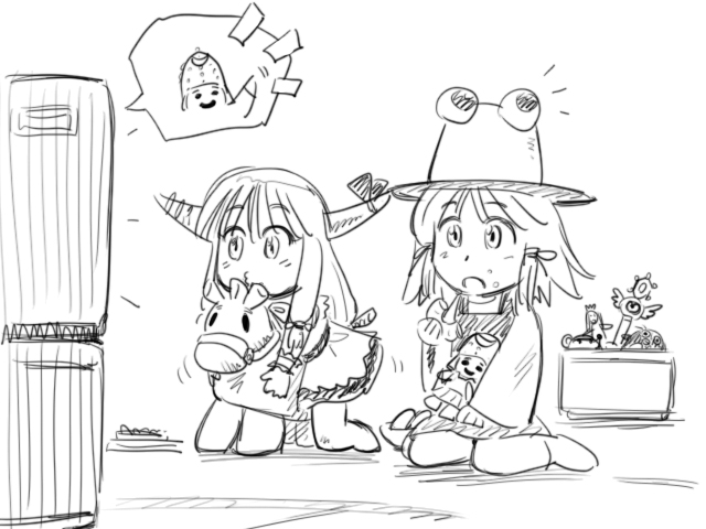 gensokoumuten, gensoukoumuten, hanimaru, hat, horns, ibuki_suika, long_hair, monochrome, moriya_suwako, o3o, touhou