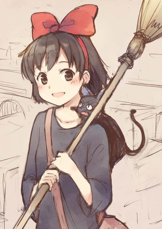 1girl, :d, animal_on_shoulder, bag, black_cat, black_hair, bow, cat