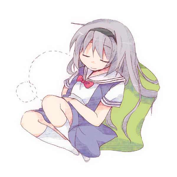 1girl, clannad, closed_eyes, furui_suguri, hairband, long_hair, pillow, sakagami_tomoyo